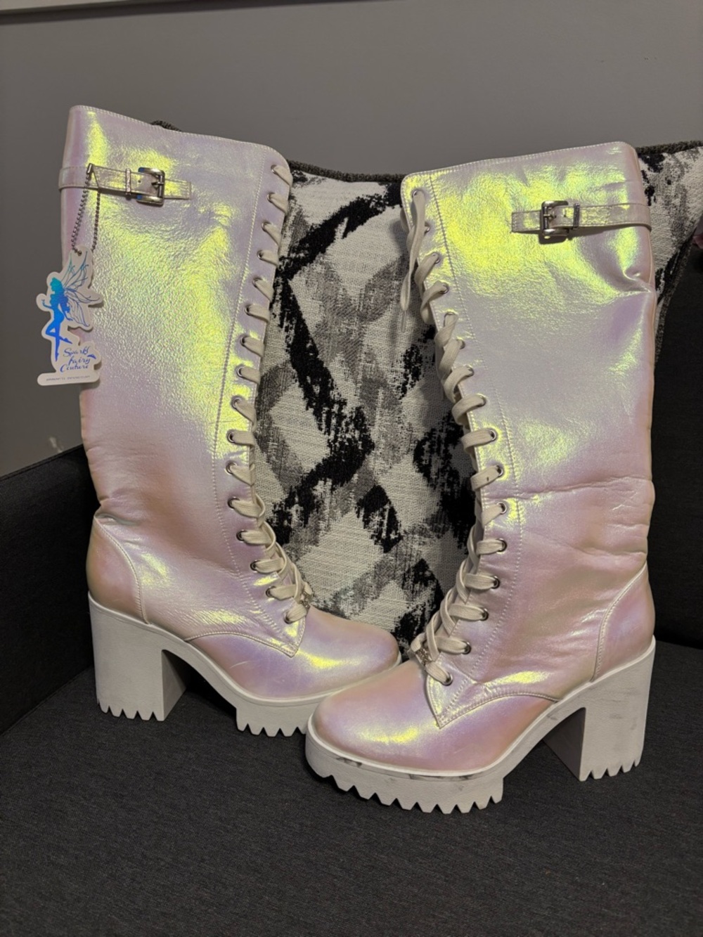 Dolls Kill / Sparkl Fairy Couture Iridescent Pink Lace-Up Platform Heeled Boots